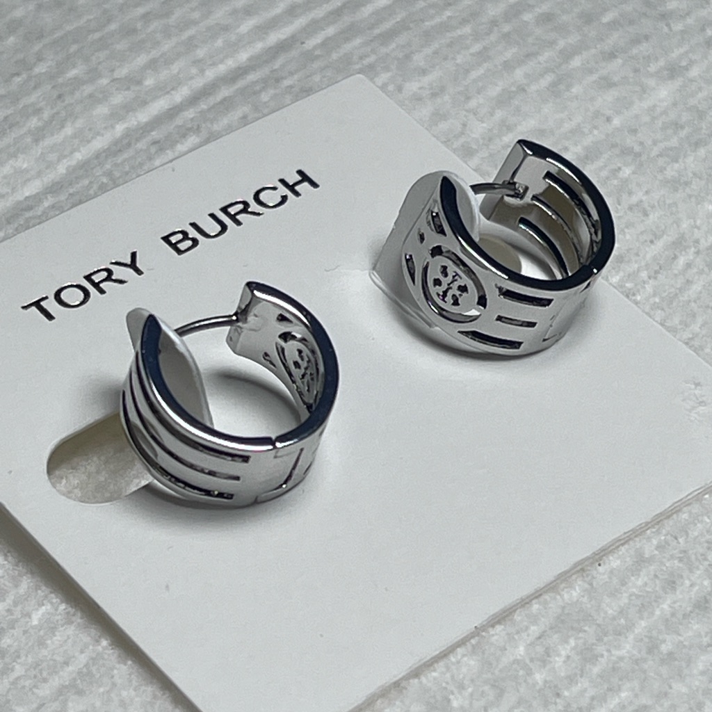 Sale Tory Burch Shiny Silver Cutout Hoop Earrings 42$